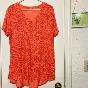 Soft Surroundings Women's Large Orange Floral V Neck Short Sleeve Top
